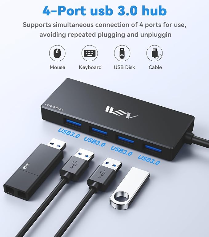 IVIIN USB 3.0 Hub, 4 Port USB Hub Splitter, USB A Expander Portable USB Adapter Multiport Data Hub for Laptop, iMac Pro, MacBook Air, Mac mini/Pro, Surface Pro, USB Flash Drives, and Mobile HDD-Black