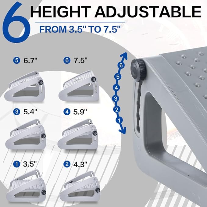 ZLMHYYM Foot Rest for Under Desk at Work - Six Heights Adjustable Under Desk Footrest - Ergonomic Foot Stools for Under Office Desks - Desks Foot Rest with Massage Rollers - Leg Rest for Chair (Gray)