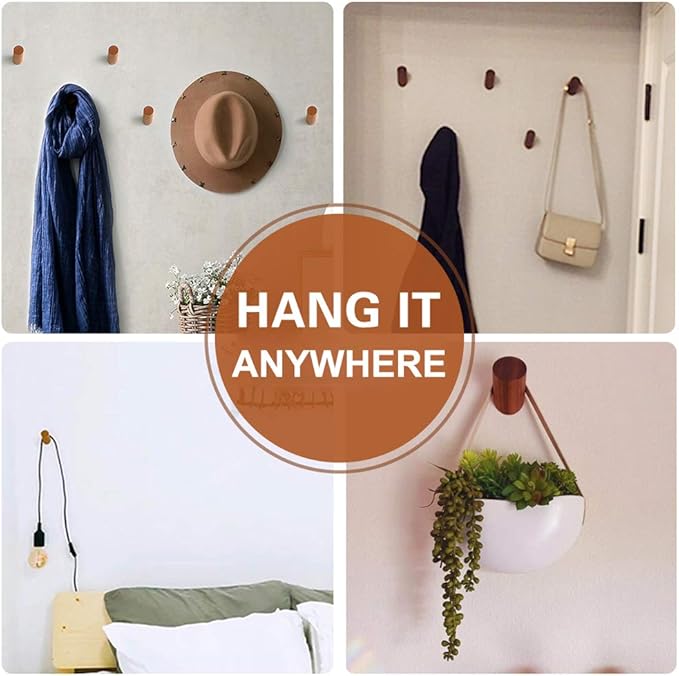 Felidio Wood Wall Hooks, 4 Pack Coat Hooks Wall Mounted, Rustic Wooden Heavy Duty Robe Hook Hat Rack, Hooks for Hanging Bathroom Towels Clothes Hanger (Walnut Wood)