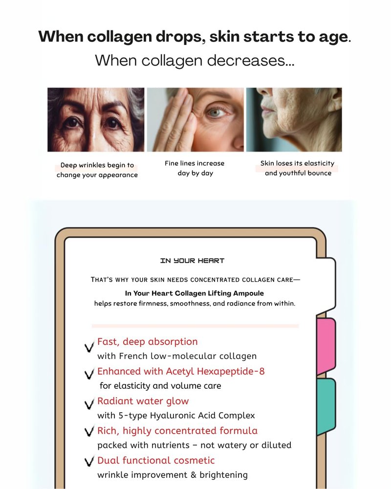 In Your Heart Collagen Lifting Ampoule 1.69 fl oz Anti-Aging Serum with French Hydrolyzed Collagen, Acetyl Hexapeptide-8, Adenosine, and Hyaluronic Acid for Skin Firming and Deep Hydration
