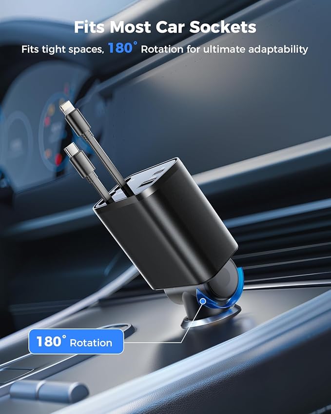 Retractable Car Charger, SUPERONE 99W Car Phone Charger with Cables Fast Charging, USB C Car Charger Adapter for iPhone 17 16 15 14 13 12, Samsung, Black