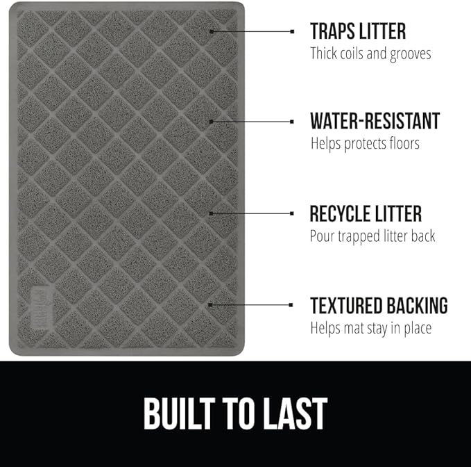 GORILLA GRIP Cat Litter Box Mat, Water Resistant, US Designed Kitty Litter Trapping Mats, Easy to Clean, Scatter Control, Less Mess and Clean Floors, Kitten Supplies for Indoor Cats, 24x17 Grey