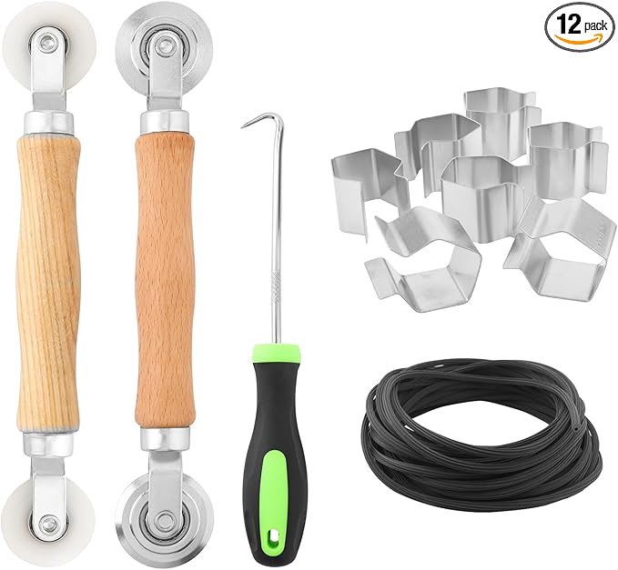 HOJLKLD Window Screen Repair Kit, Steel/Nylon Roller Tool with Bearing+8pcs Screen Clips+32ft Screen Spline+Spline Removal Hook, 5 in 1 Screen Roller Tool Kit for Installing Door Mesh Screens