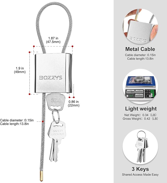 BOZZYS Cable Padlock with 3 Keys | L 1.15ft(0.35m),D 1/6in(4mm) Adjustable Steel Cable Lock | Aluminum Locks for Bikes, Gate, Lockers & Outdoor Gear | Weatherproof & Silver