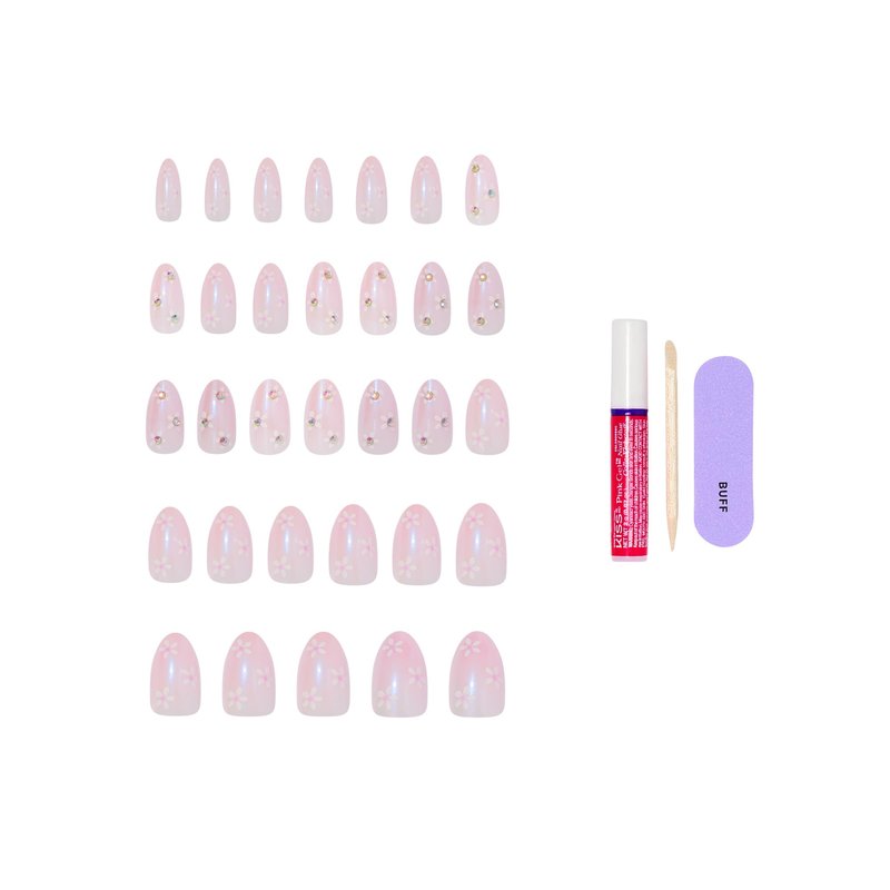 Kiss Glam, Press On Nails, Nail glue included, 'Breeze of Bliss', White, Medium Size, Almond Shape, Includes 32 Nails, 2g Glue, 1 Manicure Stick, 1 Mini File