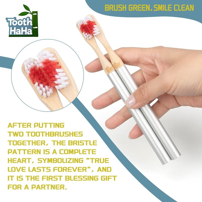 Tooth HaHa Replaceable Brush Head Toothbrush, 2 Aluminum Alloy Handles and 4 Bamboo Brush Heads, BPA-Free, Soft Tapered Bristles, Metal Toothbrush Set, Couple's Gift or Birthday Present