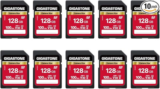 GIGASTONE 128GB SD Card 10-Pack, Camera Plus, UHS-I V30 U3 SDXC Memory Card High Speed UHD Video Compatible with Digital Camera, with 10 Mini Cases