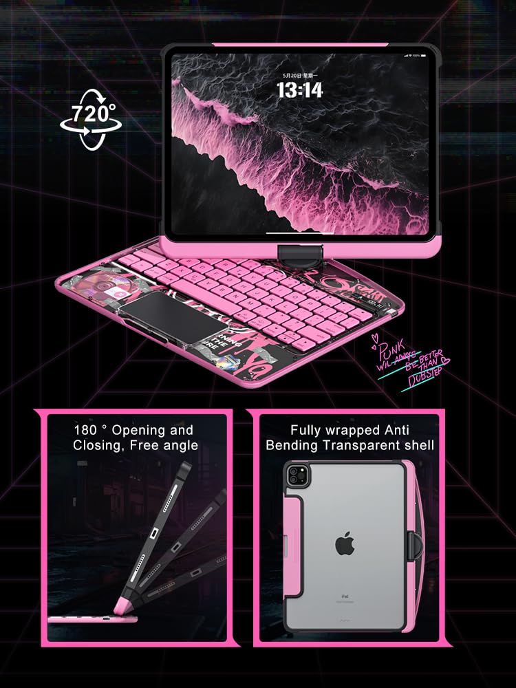 Transparent Case with Wireless Keyboard for iPad Air 13 Inch (M3/M2, 2025/2024), 7 Colors Backlight, Multi-Touch Trackpad, 360° Rotating Stand with Pencil Holder for iPad Pro 12.9 Inch (6/5/4/3 Gen)