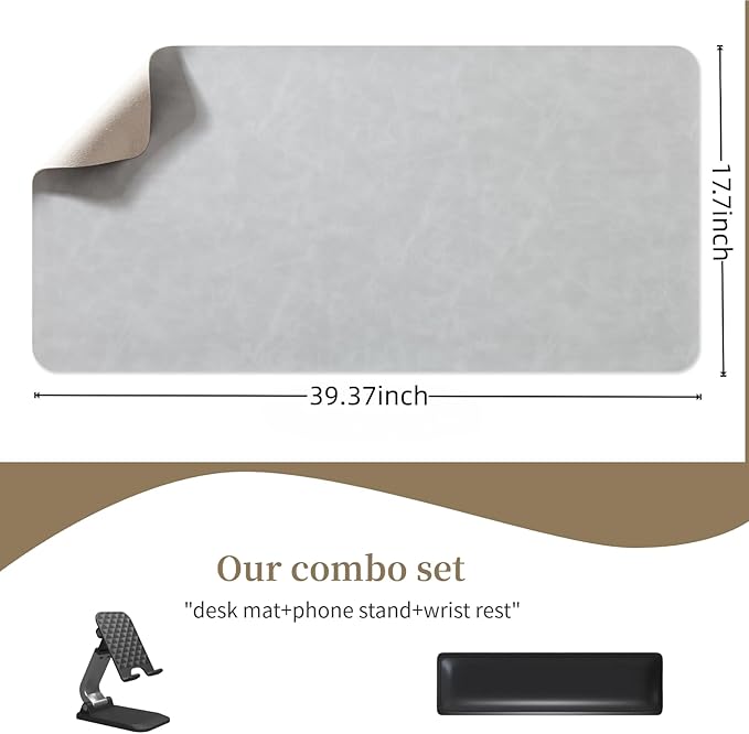 Leather 17.7" x 39.37 Desk pad for Computer and laptops, Ideal for Gaming and Office use, Large Mouse pad and Keyboard mat,Desk mat for man. A complimentary Wrist pad and Phone Stand.(Gemstone Gray)