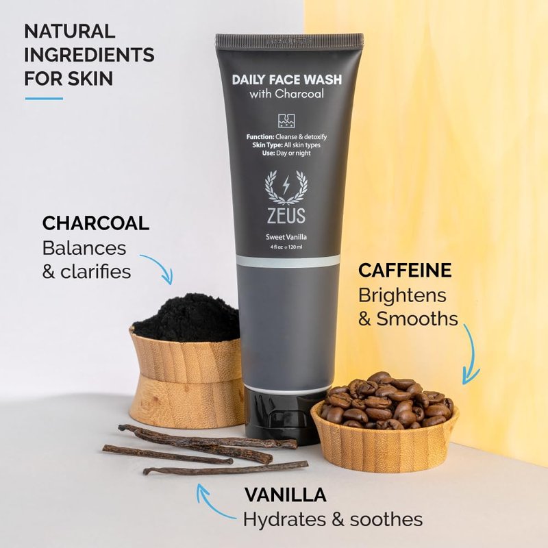 ZEUS Charcoal Face Wash for Men | Daily Facial Cleanser for Oily Skin, Blackhead Removal, & Deep Pore Cleansing | Detoxifying & Exfoliating | Made in USA