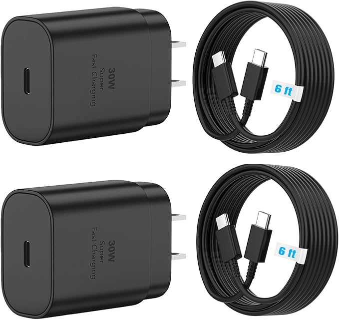TT&C 2-Pack 30W USB-C Fast Charger with 6.6FT Type C Cables, PD 3.0 Wall Plug Compatible with iPhone 17 16 15, Galaxy S26 S25 Ultra & iPad (Black)