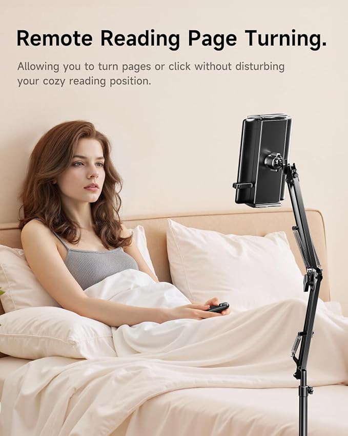 UNIBITRI Floor Stand for Kindle with Remote Page Turner, Holder Stand for Reading in Bed with Clicker – for Kindle Paperwhite, Oasis,Tablet, iPhone and More 4.7-11 inch, Black Remote