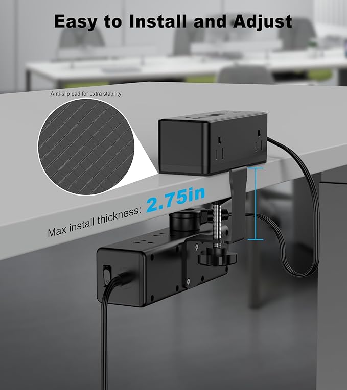 Dual Layer Desk Clamp Power Strip, Desktop Edge Mount Surge Protector with 15 AC Outlets & 4 USB Ports(20W USB-C), Ultra Thin Flat Plug & 10FT Power Cord for Office Home(ETL Listed)