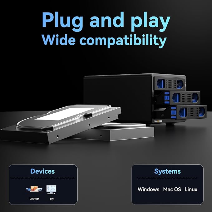 CENMATE Aluminum 3 Bay 10Gbps HDD Enclosure with Cooling Fan for 2.5“/3.5" SATA HDD/SSD with USB A/C 3.2 Gen 2, Support Hot Swappable, Tool-Free Hard Drive Enclosure