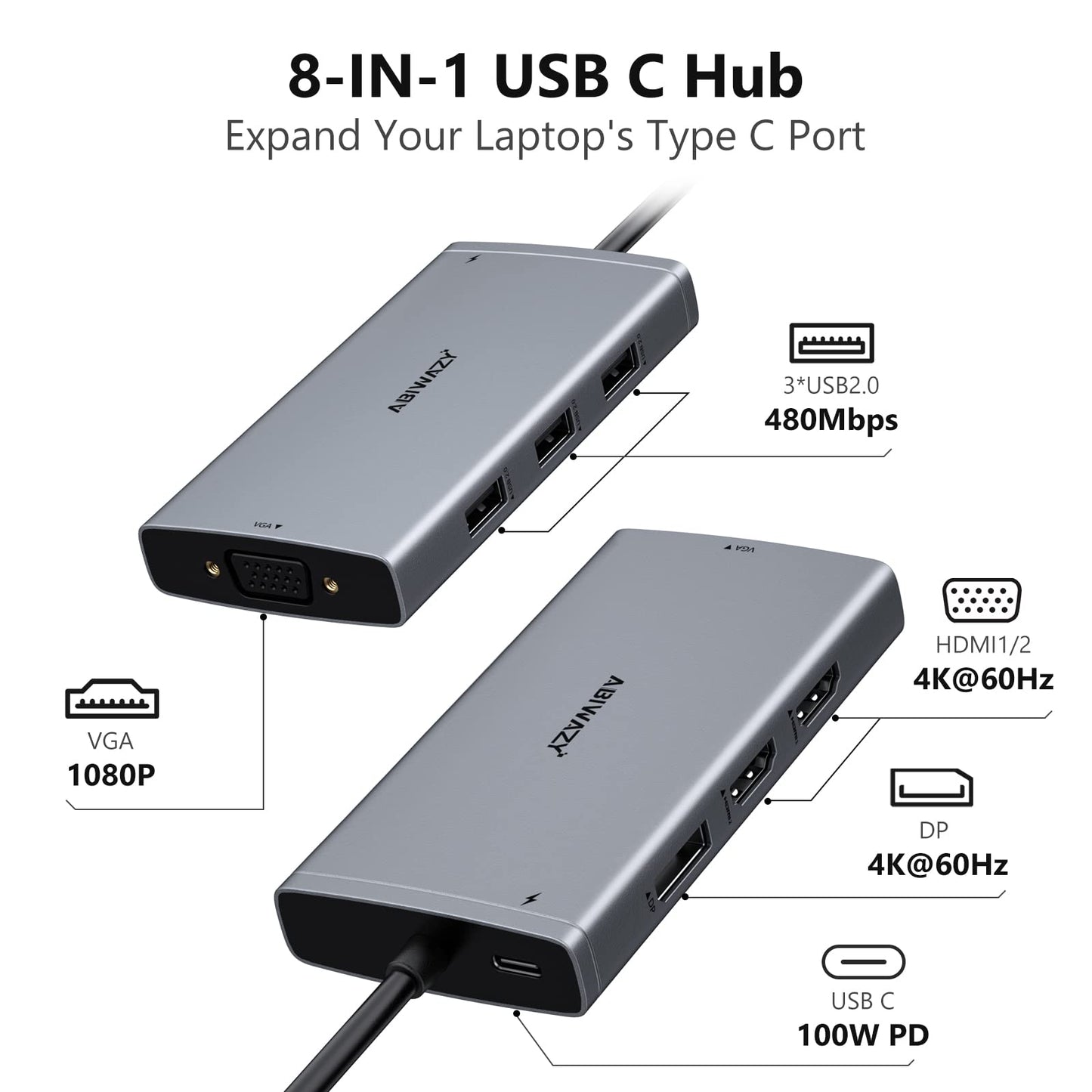 ABIWAZY USB C Docking Station Dual Monitor Adapter for Dell HP Laptop Docking Station 3 Monitors Quadruple Display USBC Hub Dongle to 4K HDMI,DP,VGA,3 USB2.0,100W PD, USB-C Dock for Lenovo,Surface