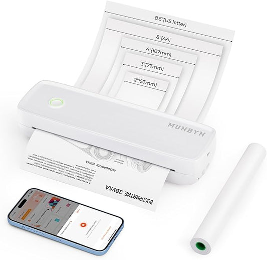 MUNBYN Portable Printers Wireless for Travel ITP04, Inkless Printer, Thermal Bluetooth Printer, Support 8.5x11&A4 Thermal Paper, Compatible with Android and iOS Phone & Laptop, Small Printers (White)