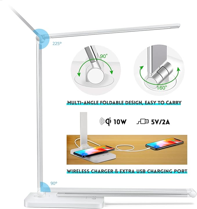 JOSTIC LED Desk Lamp with Wireless Charger, USB Charging Port, Desk Light with 10 Brightness, 5 Color Modes, Dimmable Eye Caring Reading Desk Lamps for Home Office, Touch Control, Auto Timer, White