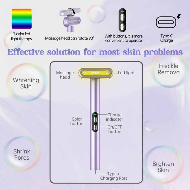 Light-Therapy-Wand, Red Light Therapy for Face and Neck Facial Wand 7 in 1 Led Beauty Wand Red & Blue Rejuvenation Face & Eye Massager Skincare Tool