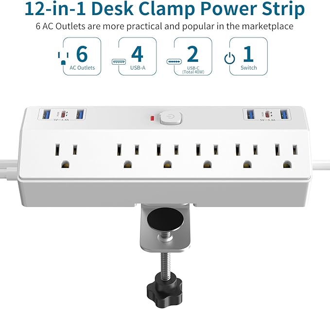40W Fast Charging Station, Desk Clamp Power Strip 10FT Extension Cord, JXGUCAT Removable Desk Mount Flat Plug Power Strip Surge Protector, 2 USB-C Ports, 6 Outlets, Fits 1.8" Tabletop Edge