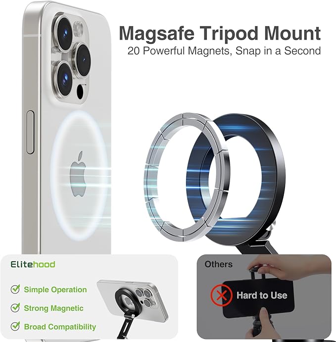 elitehood Magsafe Tripod Mount with Cold Shoe & Arca Port & 1/4" Thread, Aluminum Magnetic iPhone Tripod Mount Adapter for Camera, Adjustable Camera Phone Holder Attachment for iPhone & Smartphone