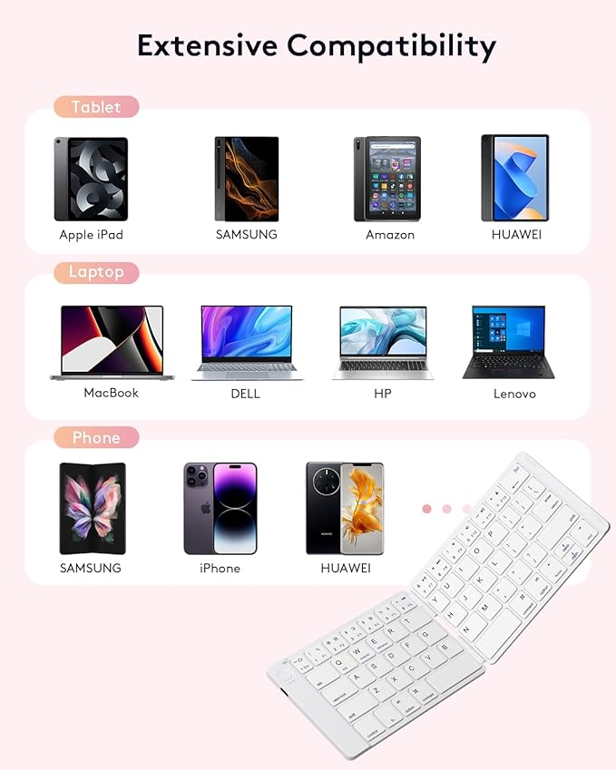 Samsers Foldable Bluetooth Keyboard - Portable Wireless Keyboard with Stand Holder, Rechargeable Full Size Ultra Slim Folding for iOS Android Windows Smartphone Tablet and Laptop, White Pink