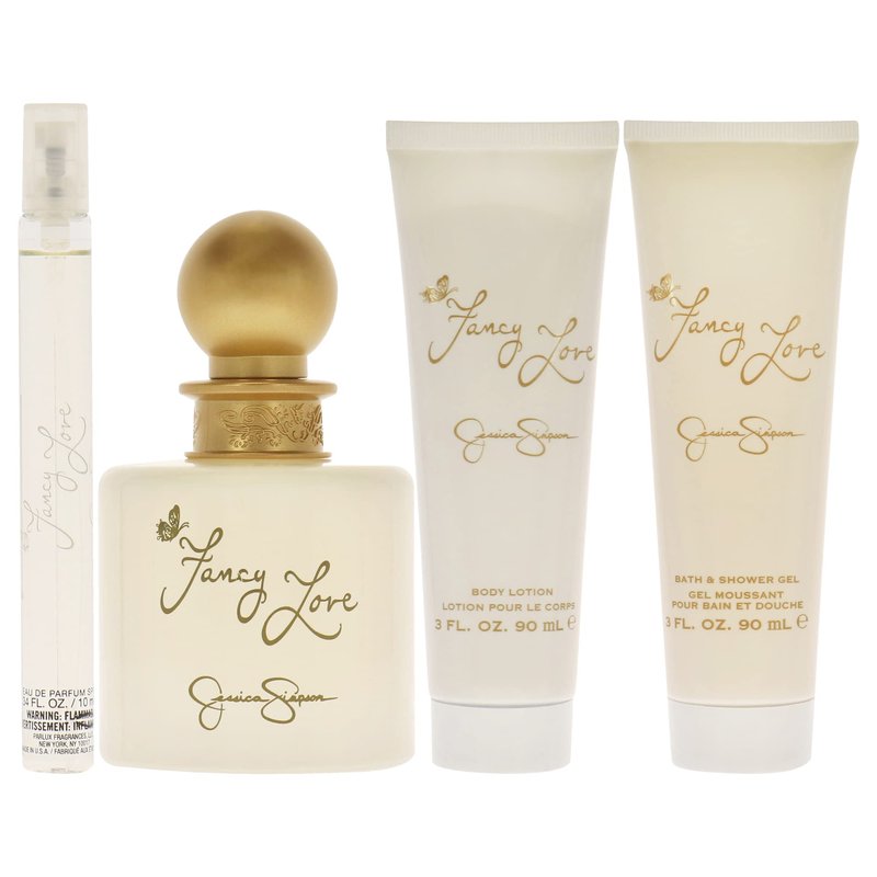 Fancy Love by Jessica Simpson for Women - 4 Pc Gift Set 3.4oz EDP Spray, 0.34oz EDP Mini Spray, 3oz Body Lotion, 3oz Bath & Shower Crème