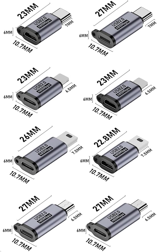 Jadebones USB C to Micro USB/Mini USB/Lighting Adapter, Light-ning to USB C/Micro USB Converter, Micro USB 2.0 to Type C/Lighting/Mini USB Connector (8 Pack)