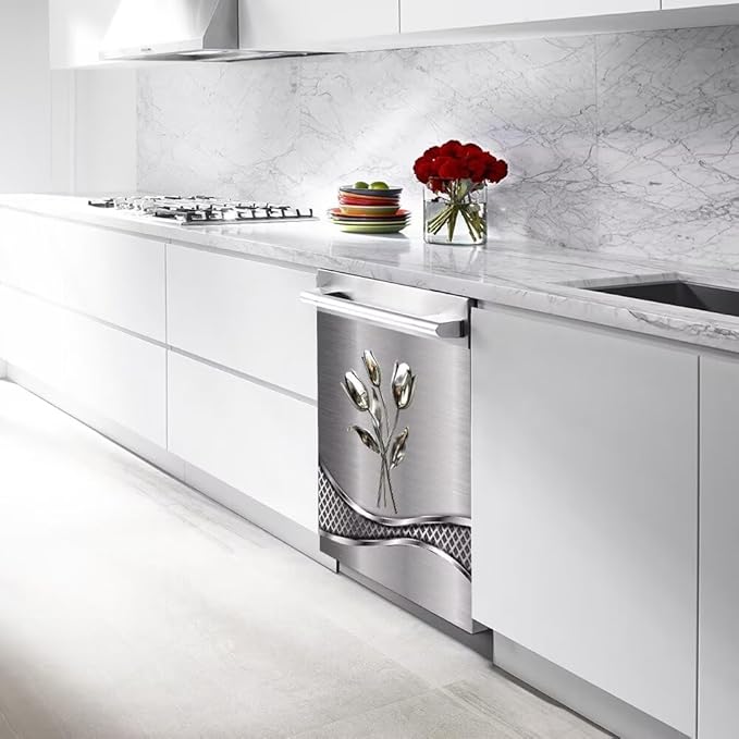 Imitation Stainless Steel Flower Wallpaper Dishwasher Cover Decorative Magnetic Sticker Kitchen Refrigerator Covers for The Front Fridge Door Magnet 23W x 26H inchs