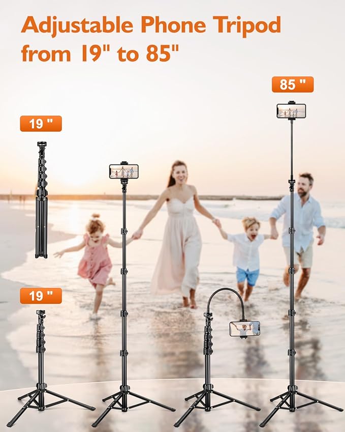 Phone Tripod, 85" Tall Tripod for iPhone with Remote, Gooseneck and Phone Holder, Overhead Phone Stand for Video Recording Watching Cooking Fitness Vlog, Compatible with iPhone Android, Black