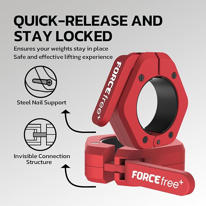 Forcefree+ Barbell Clips (Pair), Barbell Clamps, Quick Release Olympic Barbell Clamps with Anti Slip TPR Grip, Barbell Collars for Secure Weightlifting & Powerlifting (Non Magnetic, Red)