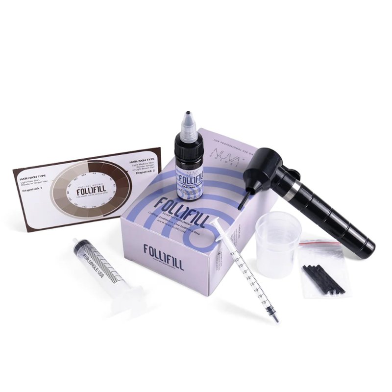 Nuva Follifill SMP Pigment & Cartridge Needle Kit – Deepest Scalp Micropigmentation Ink with Superior Retention, 15ml Bottle for 50+ Treatments, 20 Sterilized Needles, Mixer, Brown