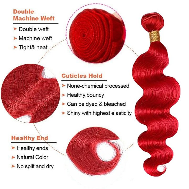 16-Inch Fire Red Human Hair Bundles - 8A Brazilian Virgin Body Wave Weave