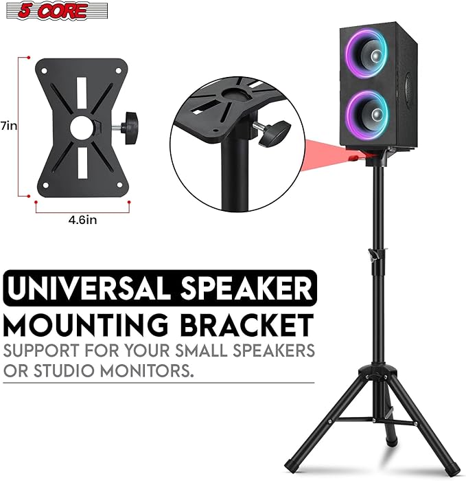 5 Core Speaker Stand Universal Mount Steel Alloy Construction 132 Lbs Capcity Stable Tripod w/Adjustable Height 36” w 35mm Compatible Insert Metal Safety Pin Black