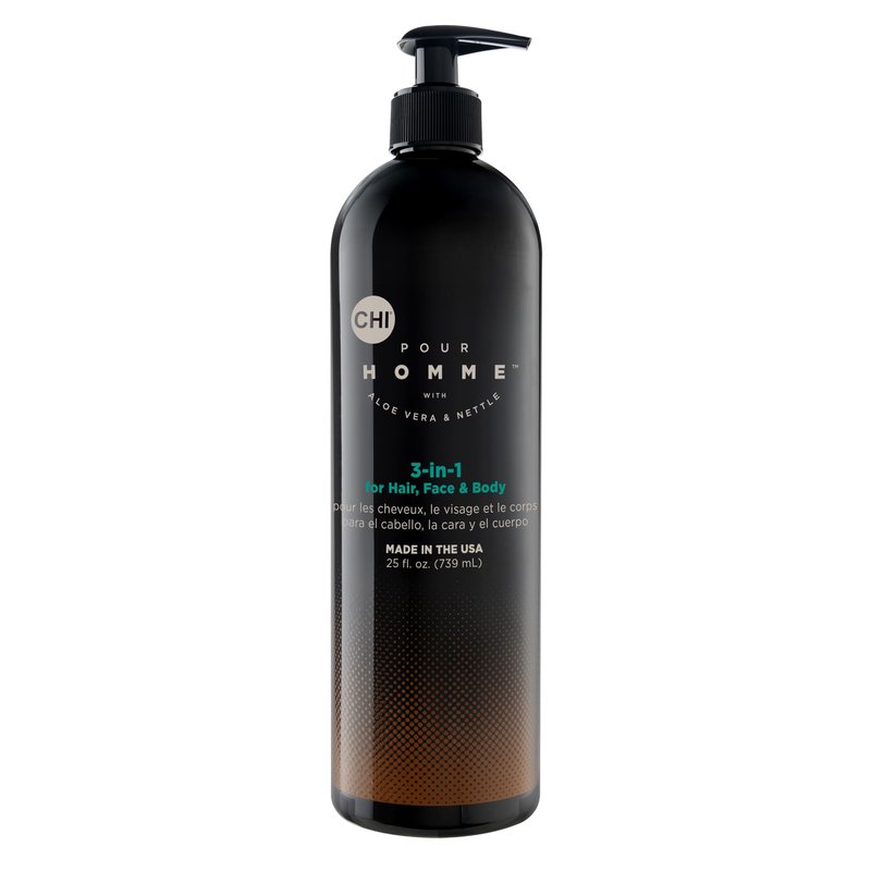 CHI Pour Homme 3-in-1 Hair, Face & Body Wash for Men, Sulfate-Free Cleansing & Moisturizing Shampoo, Fresh Woody Scent, Aloe Vera & Nettle-Infused Grooming Cleanser, 25 oz