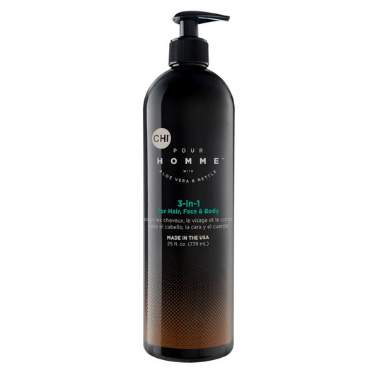 CHI Pour Homme 3-in-1 Hair, Face & Body Wash for Men, Sulfate-Free Cleansing & Moisturizing Shampoo, Fresh Woody Scent, Aloe Vera & Nettle-Infused Grooming Cleanser, 25 oz
