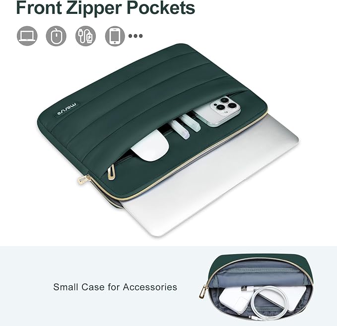 MOSISO Laptop Case 13.3 inch,13-13.3 inch Puffy Laptop Sleeve Compatible with MacBook Neo/Air 13.6 M5 M4 M3 M2 M1/Pro 13/14,HP Dell ASUS Lenovo,Polyester Horizontal Bag with Small Case,Peacock Green