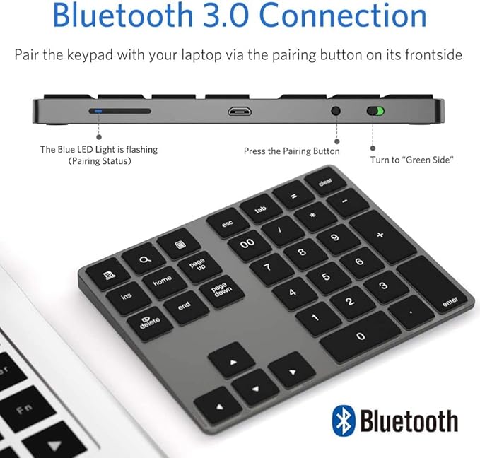 JOYEKY Bluetooth Number Pad, Aluminum Rechargeable Numeric Keypad Wireless 34-Keys Number Keyboard Shortcut Keypad Numpad Data Entry Compatible for iMac Windows