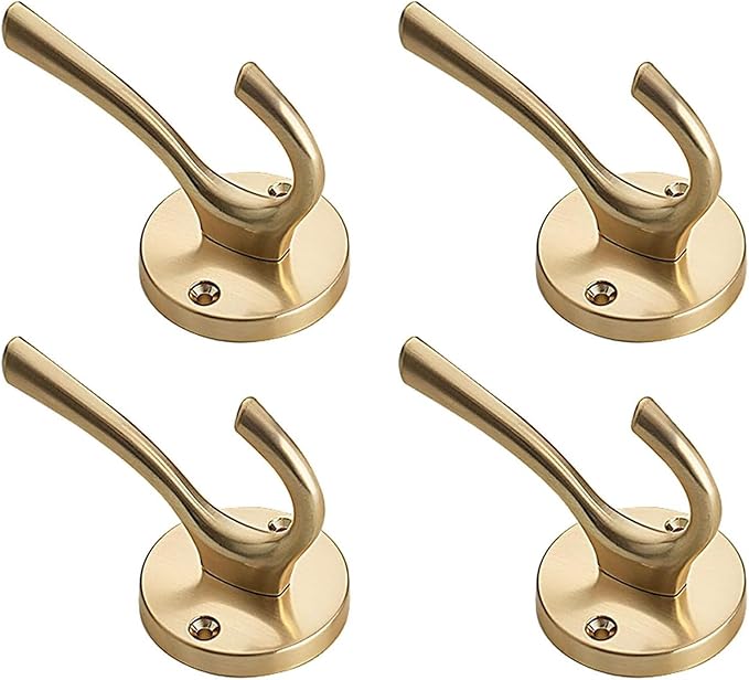 NETLKLA 4 Packs Gold Coat Hooks, Silver Robe Hook, Decorative Towel Hooks, Heavy Duty Double Prong Wall Hooks, Metal Closet Hooks, Hat Hooks for Hanging for Bathroom, Kitchen and Office