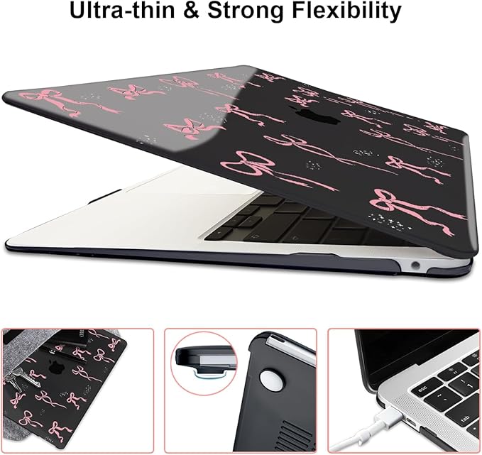 LCMOCICO for 2020 2021 2022 MacBook Pro 13 inch Case M2 M1 A2338 A2289 A2251 with Touch Bar & Touch ID, Printed Pattern Plastic Hard Shell Case Keyboard Cover Screen Protector, Pink Bowknot Black