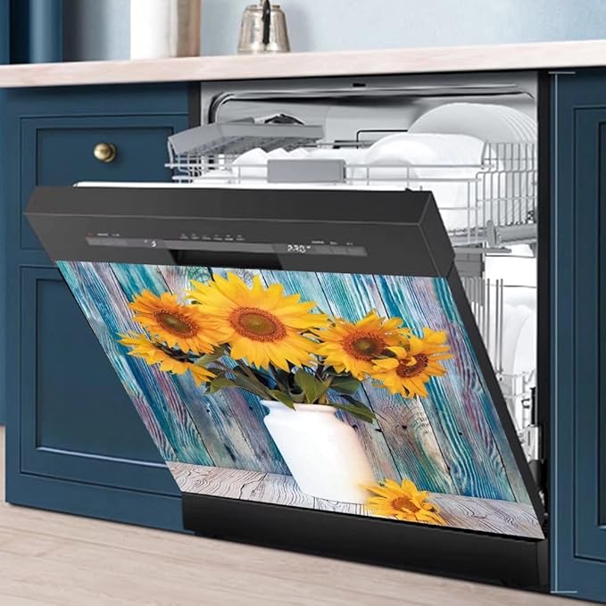 Colorful Wooden Background Kitchen Magnetic Dishwasher Front Door Cover Decor, Vase Sunflower Fridge Panels Decals Vinyl Magnet Cover, Magnetic 23"x17"INCH