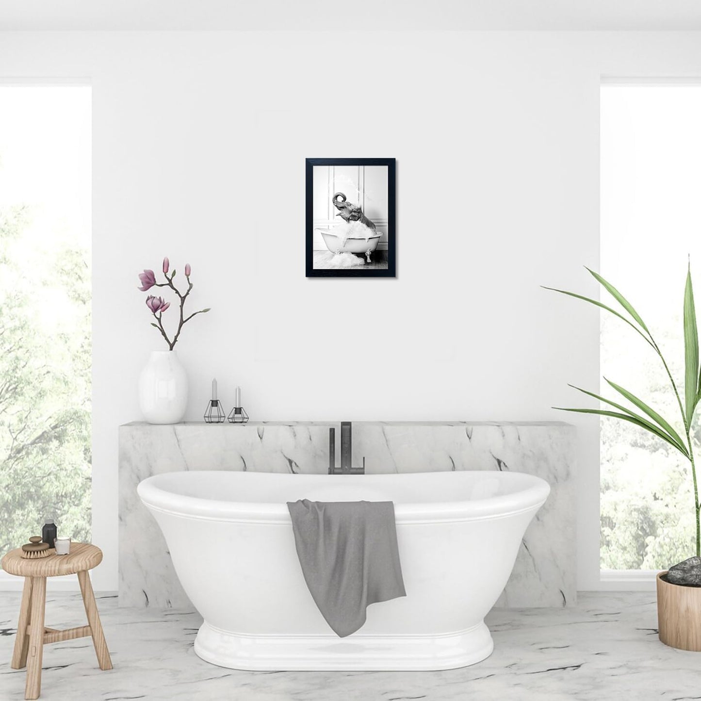 Regine Switzerland Framed Bathroom Decor - Funny Elephant in Bathtub Canvas Art | Black and White Print