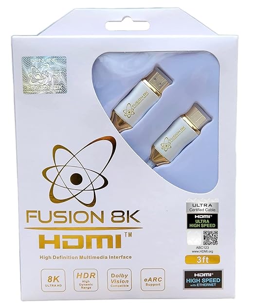 Fusion8K White HDMI 2.1 Cable 3ft - Certified 48Gbps 8K@60Hz 4K@120Hz 10K | HDR Dolby Vision eARC | Braided Cord for PS5 Xbox Series X Apple TV 4K