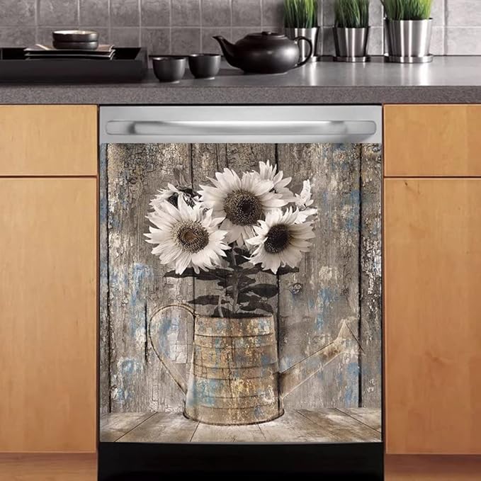 Vintage Wood Dishwasher Magnetic Cover For Door Front,Rustic Wooden Refrigerator Magnet Decor Sunflower Sticker,Country Wood Dishwasher Magnet Panel Decal For Fridge Home Appliance 23"x17"