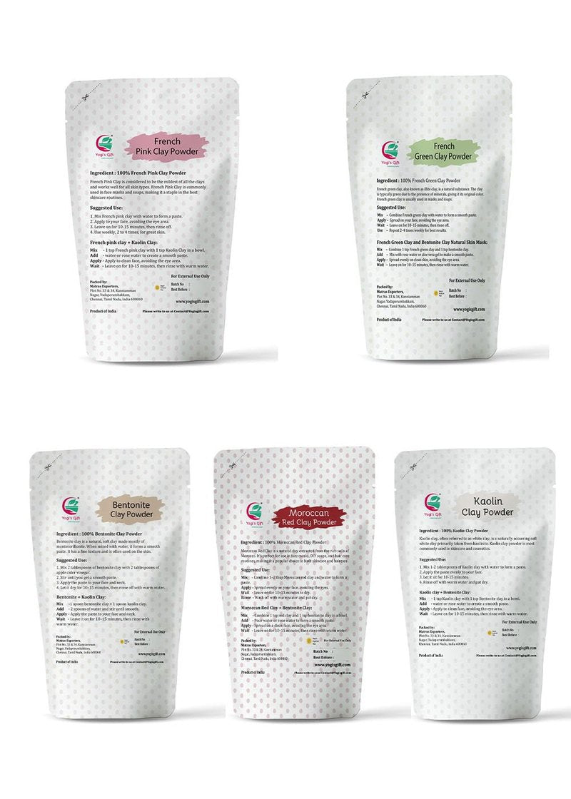 Pack of 5 Clays For Mask Making & Soap Making | Rose Clay, French Green Clay, Kaolin, Moroccan Red and Bentonite Clay | 8oz Each | Best Variety Pack For DIY Projects | By Yogi’s Gift ®