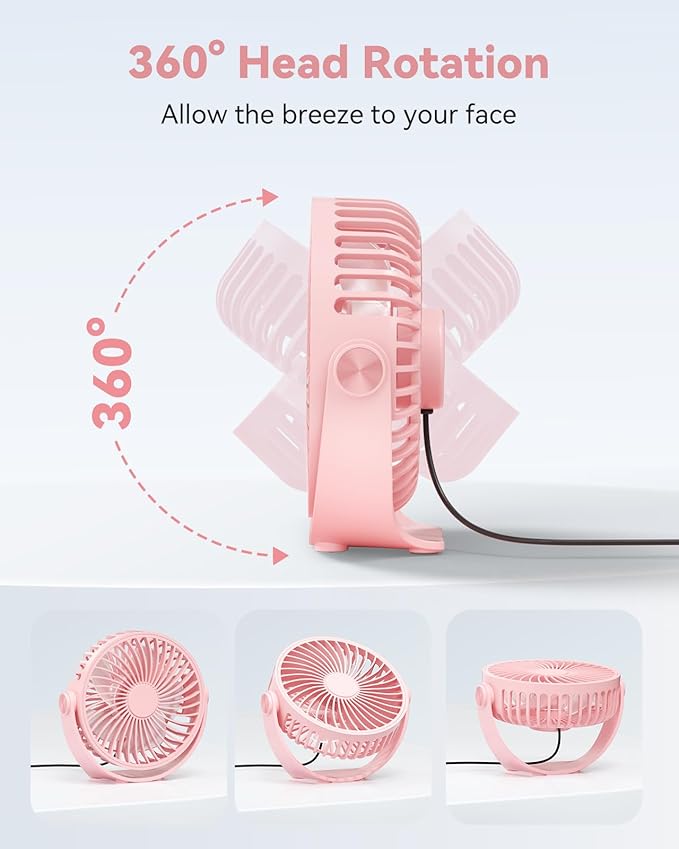 Edvision USB Desk Fan, 5 Inch Mini Portable, 3 Speeds Strong Airflow Personal Desktop, Detachable Cooling Fan 360° Rotation Quiet Small Fan for Desk Home Office Travel Car, Pink, 5ft Cable