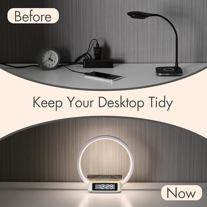 SMARTERIOR Wireless Charging Station with Alarm Clock,Bedside Lamp with Sunrise Wake-Up Light,Wireless Phone Charger,Touch Table Lamp with 3 Brightness Levels,Idea Gifts for Women,Men,Teens,Adults