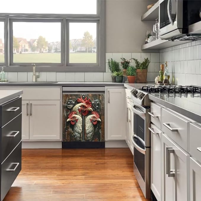 Wood Board and Rooster Painting Dishwasher Magnet Cover,Fridge,Refrigerator Magnetic Panel Decals,Home Appliances Cabinet Magnets Sticker 23W x 26H inchs