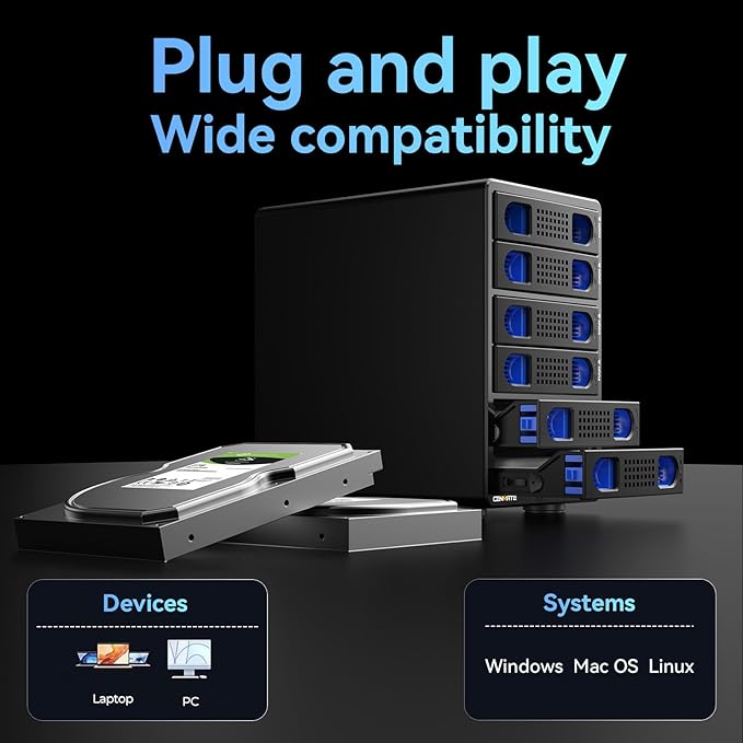 CENMATE Aluminum 6 Bay Hard Drive Enclosure with Cooling Fan for 2.5“/3.5" SATA HDD/SSD with USB A/C 3.0, Support Hot Swappable, Tool-Free HDD Enclosure, DAS(NO RAID/NAS)