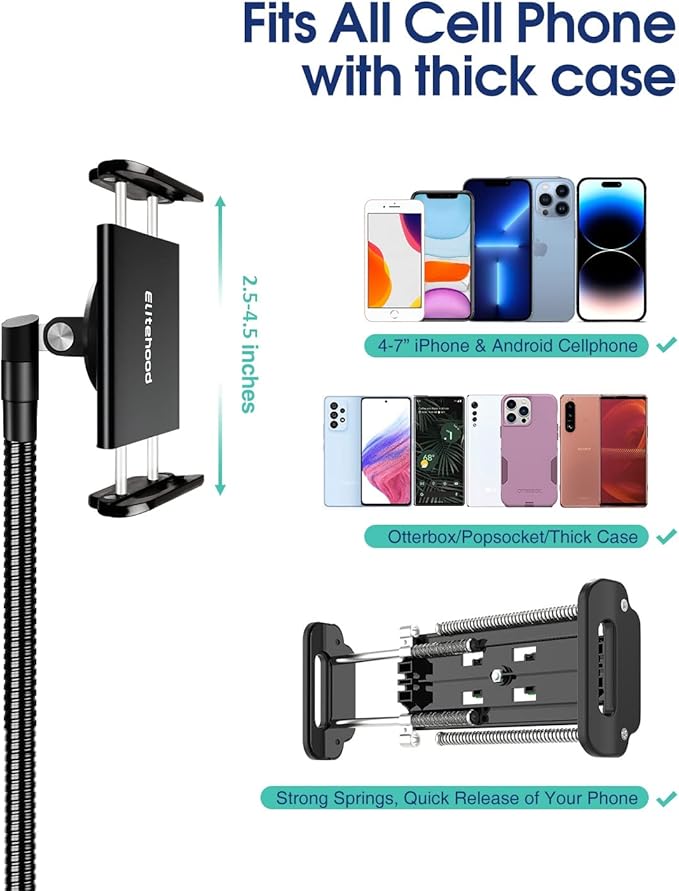Elitehood 6.7 Feet Tall Phone Tripod, Heavy Duty Metal iPhone Tripod Stand with Remote, 17" Gooseneck Overhead Phone Mount for iPhone 15 14 13 Pro Max / 13 Pro / 13 12 11, Android Cell Phone Black