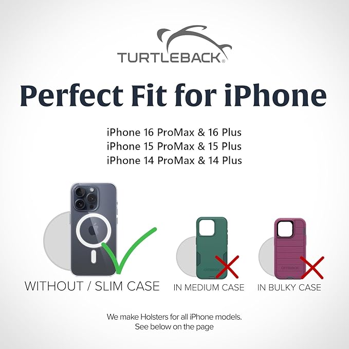 Turtleback Belt Clip for iPhone 16 Pro Max, 15 Pro Max, 14 Pro Max -Small- Fits w/Slim MagSafe Style Cases, Premium Black Leather, Vertical Belt Holder, Magnetic Closure HD Rotating Belt Clip